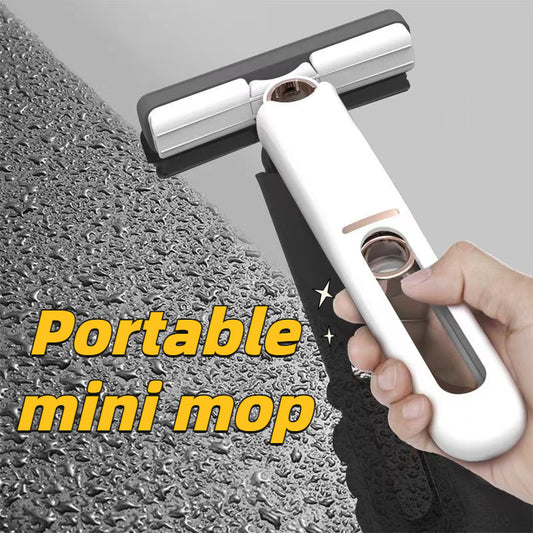 Portable Self-Squeeze Short Mop, Mini Lazy Hand Wash-Free Strong Absorbent Mop, Wet and Dry Use, Floor Cleaning System for Bathroom Kitchens Tableware Desktop Glass (1 Cotton Head + 1 Squeeze Handle)